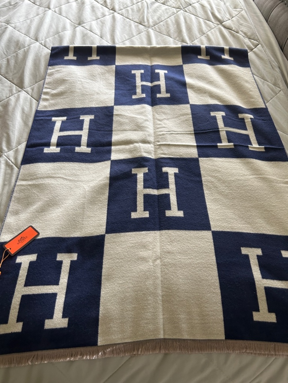 H Checker XL wrap scarf in Navy and Cream
